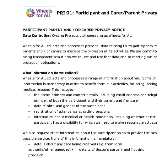 Participant and Carer/Parent Privacy Notice cover page