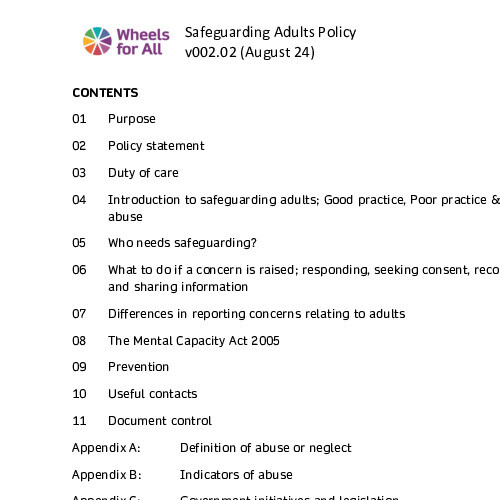Wheels for All Safeguarding Adults Policy cover page