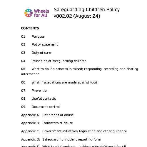 Wheels for All Safeguarding Children Policy cover page