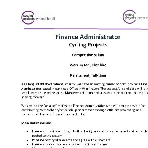 Finance Administrator position cover page
